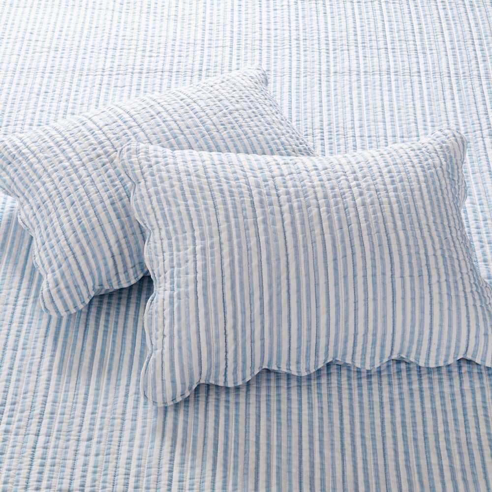 ๐ PB Style Blue & White Striped Cotton Quilt Coverlet Scalloped Trim Set NWT - Picture 3 of 7